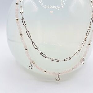 Rose quartz and silver star and paperclip necklace